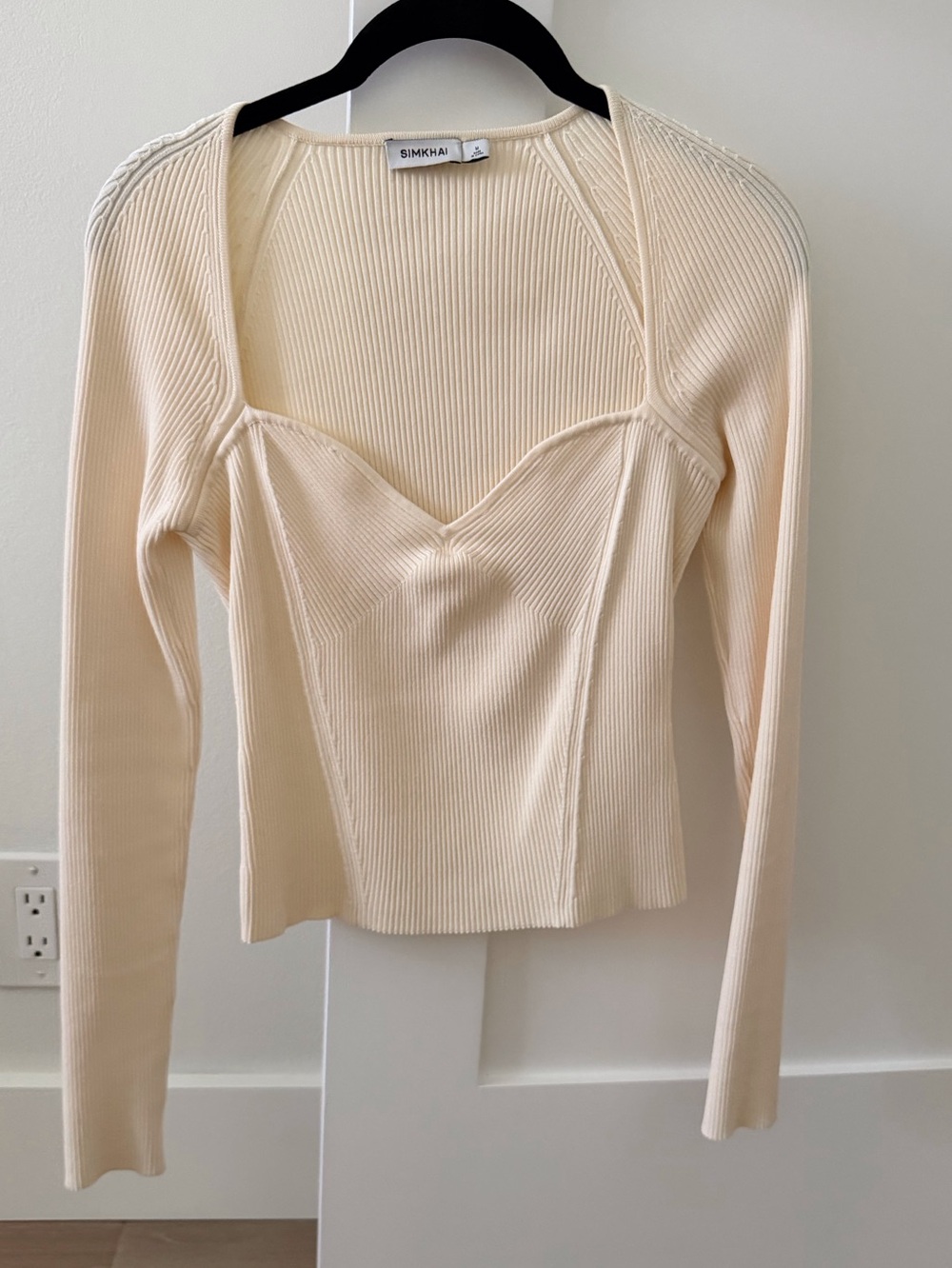 Jonathan Simkhai Cream Ribbed Sweetheart Long-Sleeve Top